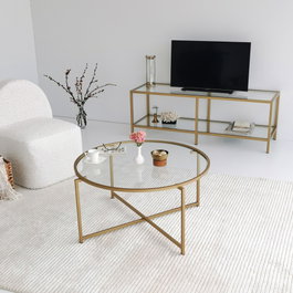 Hanah Home Gold Sun S404 Mesa de Centro con Cristal Templado Dorado
